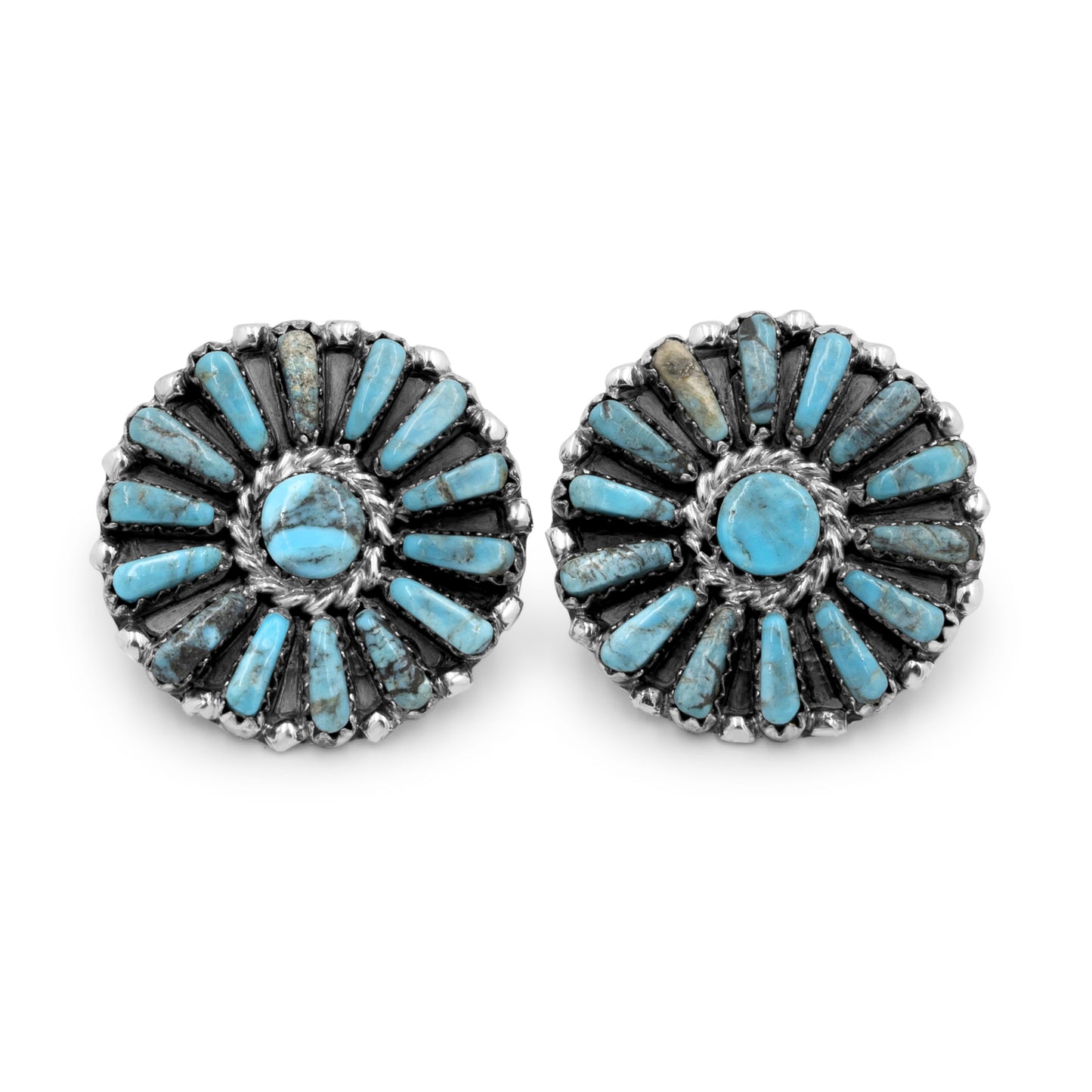 Jason Benally Sterling Silver & Turquoise Petti Point Navajo Earrings
