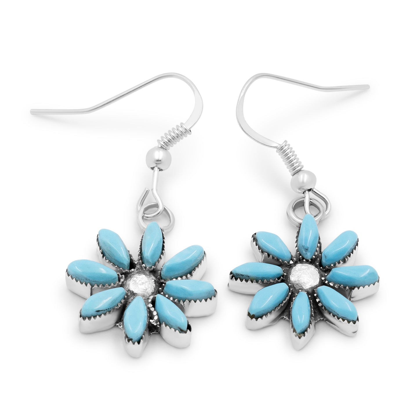 Larry Delena Sterling Silver & Turquoise Petti Point Flower Zuni Earrings