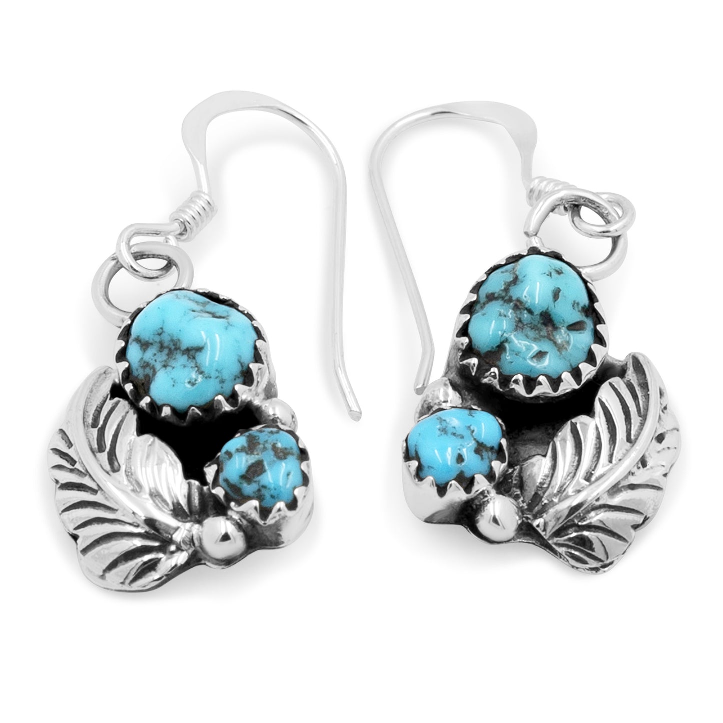 Rita Dawes Sterling Silver & Kingman Turquoise Navajo Earrings with Cast Leaf