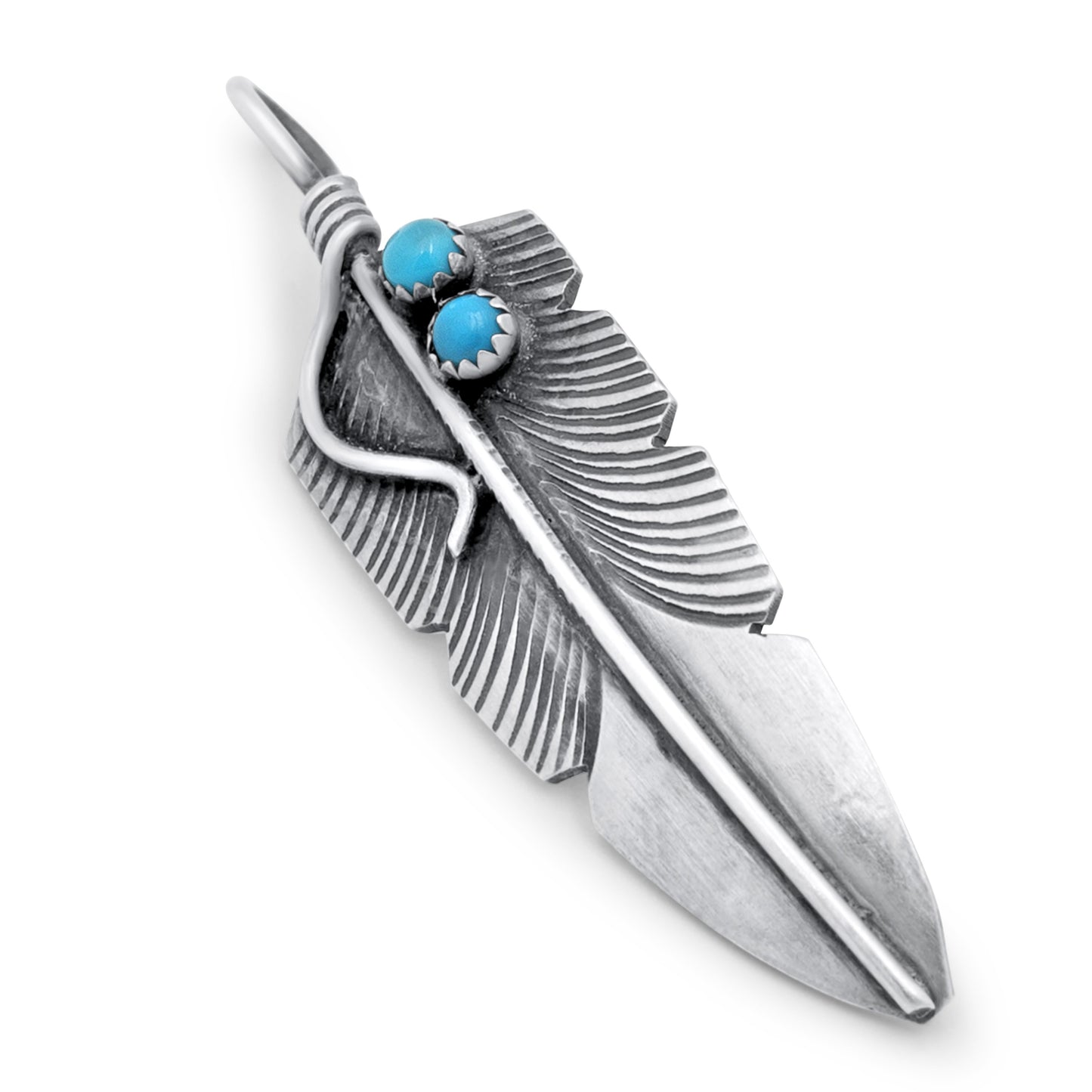 Chris Charley Sterling Silver & Turquoise Feather Navajo Pendant