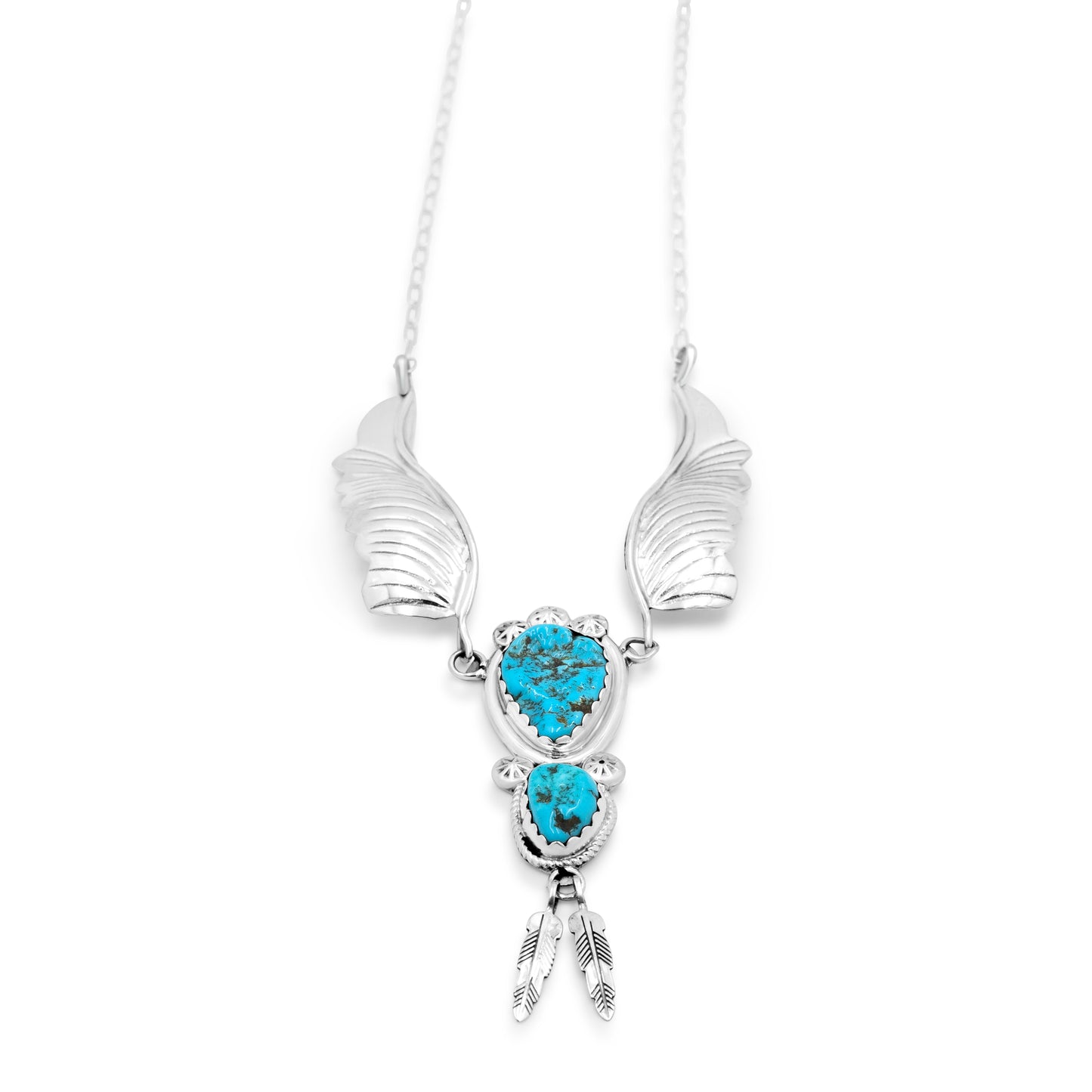 Margie Chee Sterling Silver & Turquoise Fan & Feather Navajo Necklace