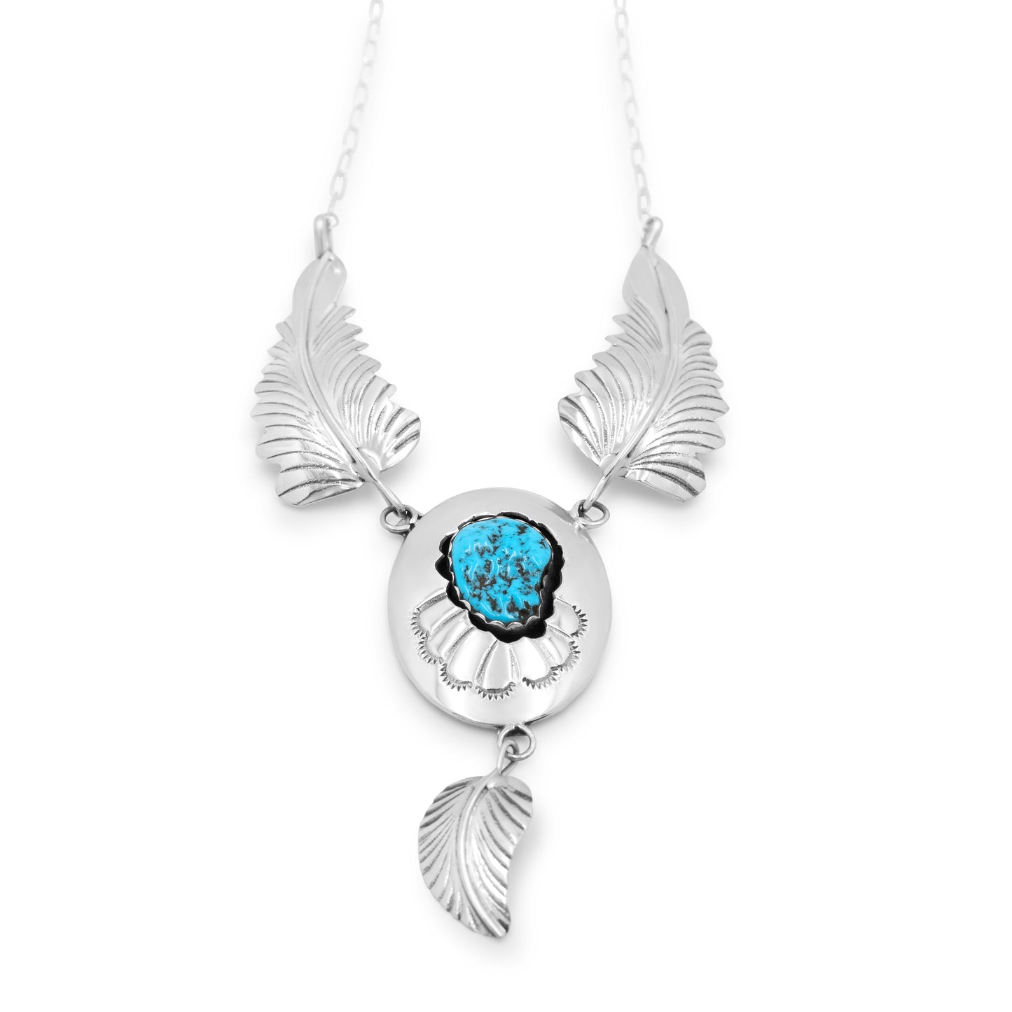 Margie Chee Sterling Silver & Turquoise Shadowbox & Leaf Navajo Necklace