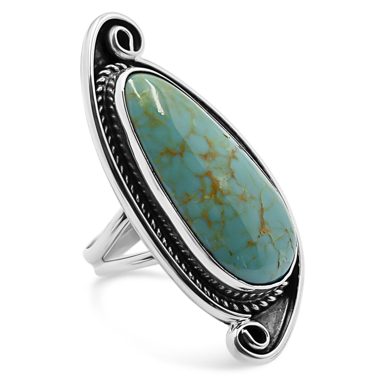 Harry Spencer Sterling Silver & Blue-Green Turquoise Navajo Ring with Large Oval Stone