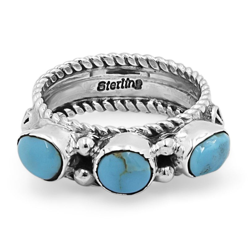 Margie Chee Sterling Silver and Turquoise Navajo Ring with Three Kingman Stones