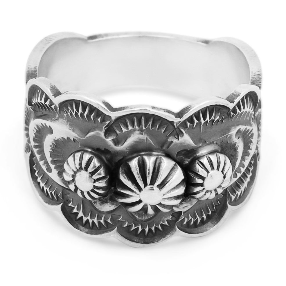 Bennie Ramone Sterling Silver Navajo Ring with Stamped Drops & a Satin Finish