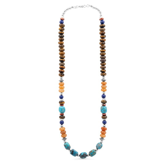 Sterling Silver, Turquoise, Tiger Eye, Carnelian, Spiny Oyster, & Lapis Necklace